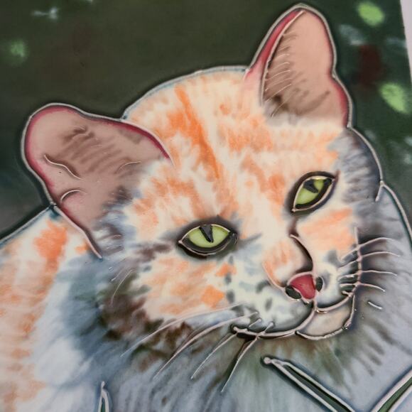 VTG Whimsical Orange Tabby Cat Handmade Ceramic Tile - Unique Cat Wall Art (8x8) - Picture 7 of 9
